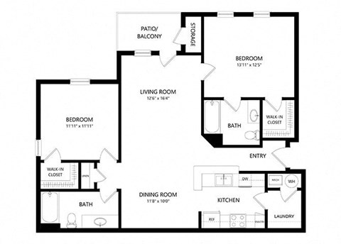 Floor plan for 2 beds, 2 baths, 1150 sqft